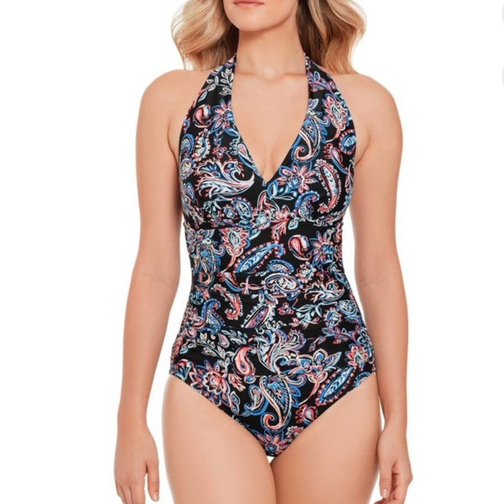Time & Tru Carnival Paisley Halter One Piece Swimsuit LG